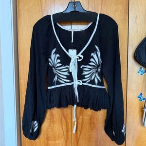 Free People Black Blouse with White Embroidery